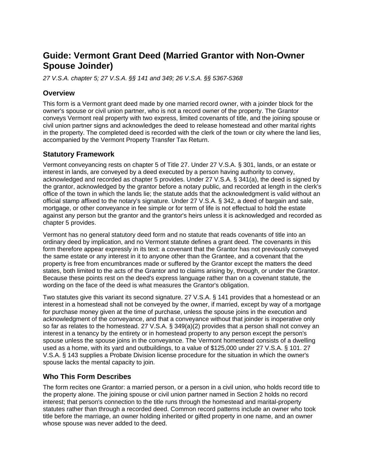 Bennington County Grant Deed (Married Grantor with Non-Owner Spouse Joinder) Guide