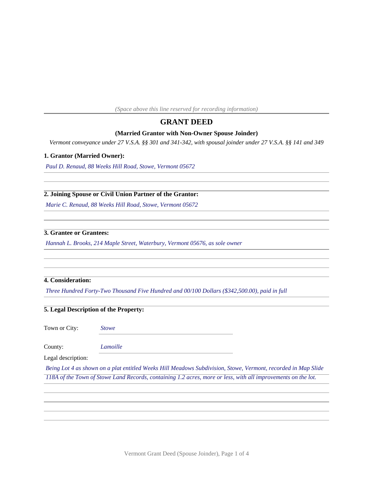 Orange County Completed Example of the Grant Deed (Married Grantor with Non-Owner Spouse Joinder) Document