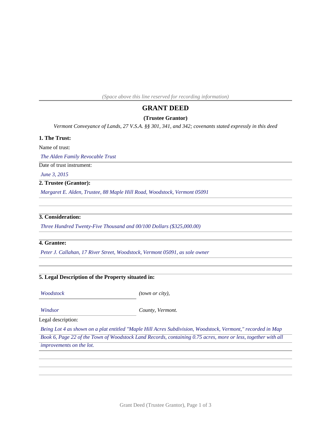 Caledonia County Completed Example of the Grant Deed (Trustee Grantor) Document