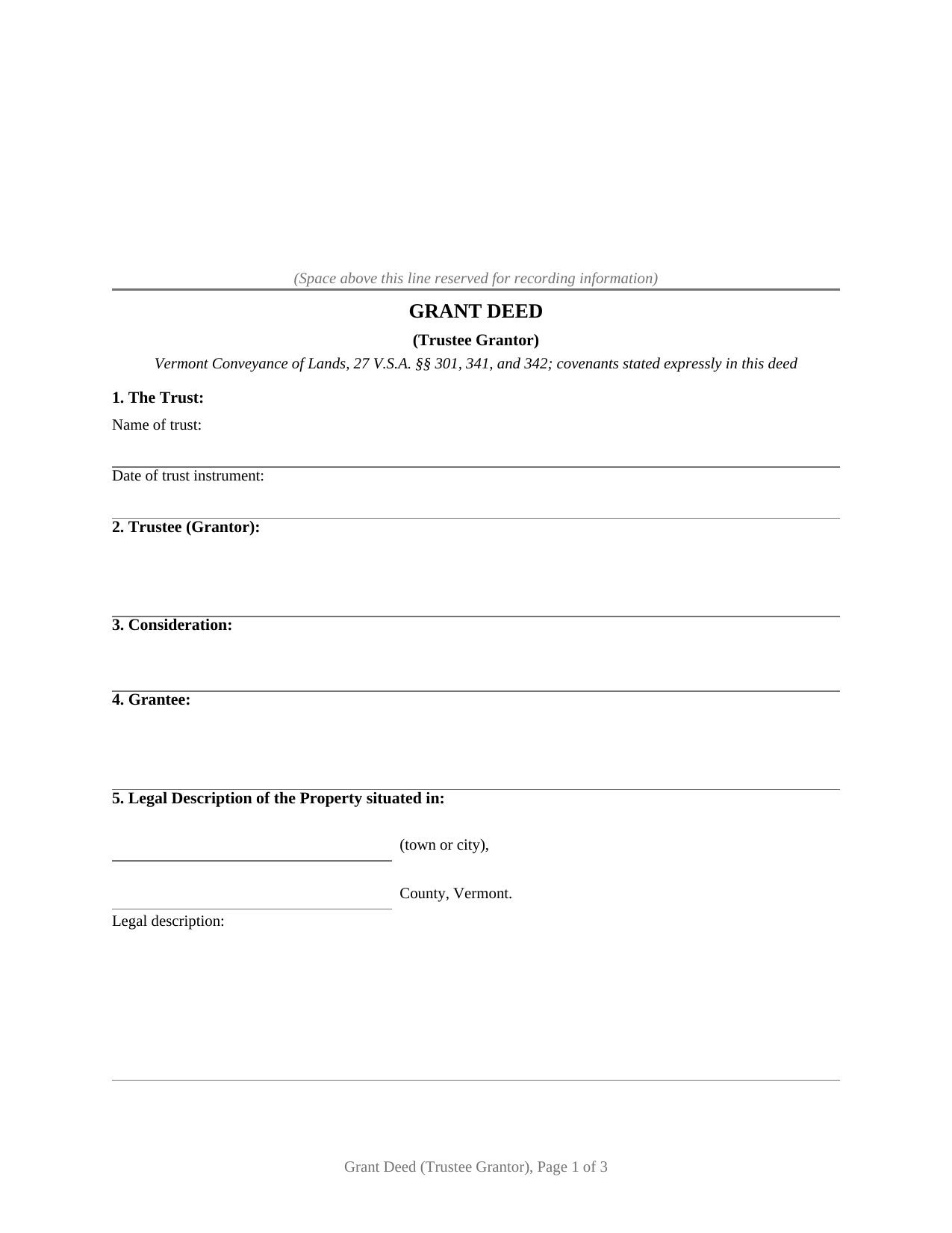 Caledonia County Grant Deed (Trustee Grantor) Form