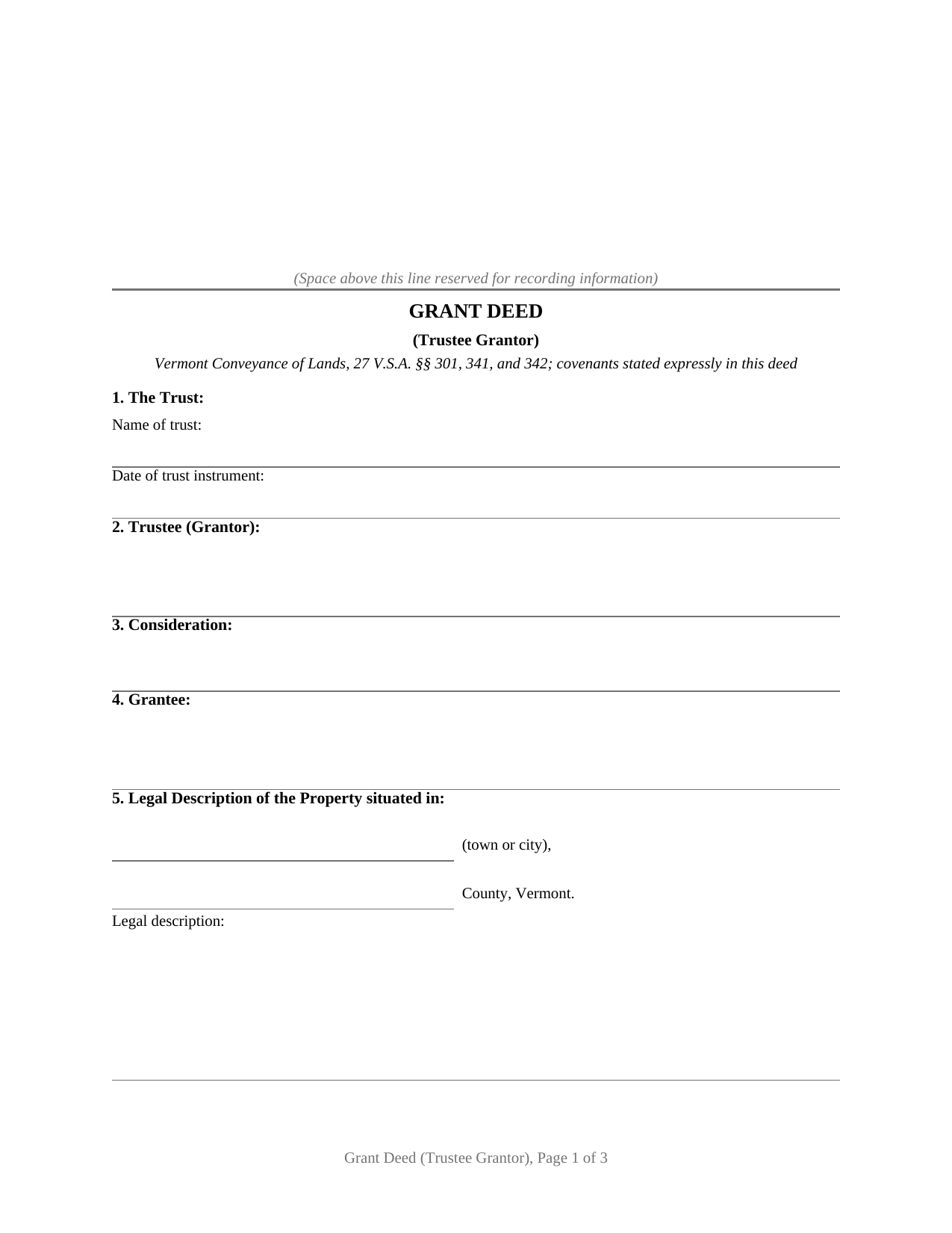 Chittenden County Grant Deed (Trustee Grantor) Form