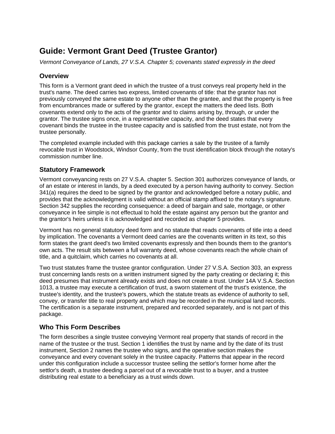 Chittenden County Grant Deed (Trustee Grantor) Guide
