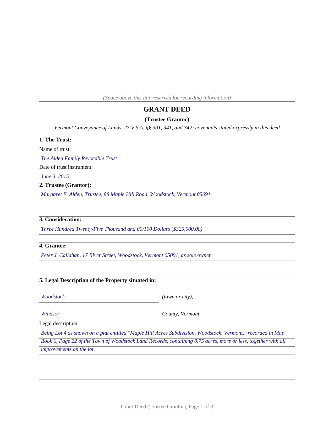 Chittenden County Completed Example of the Grant Deed (Trustee Grantor) Document