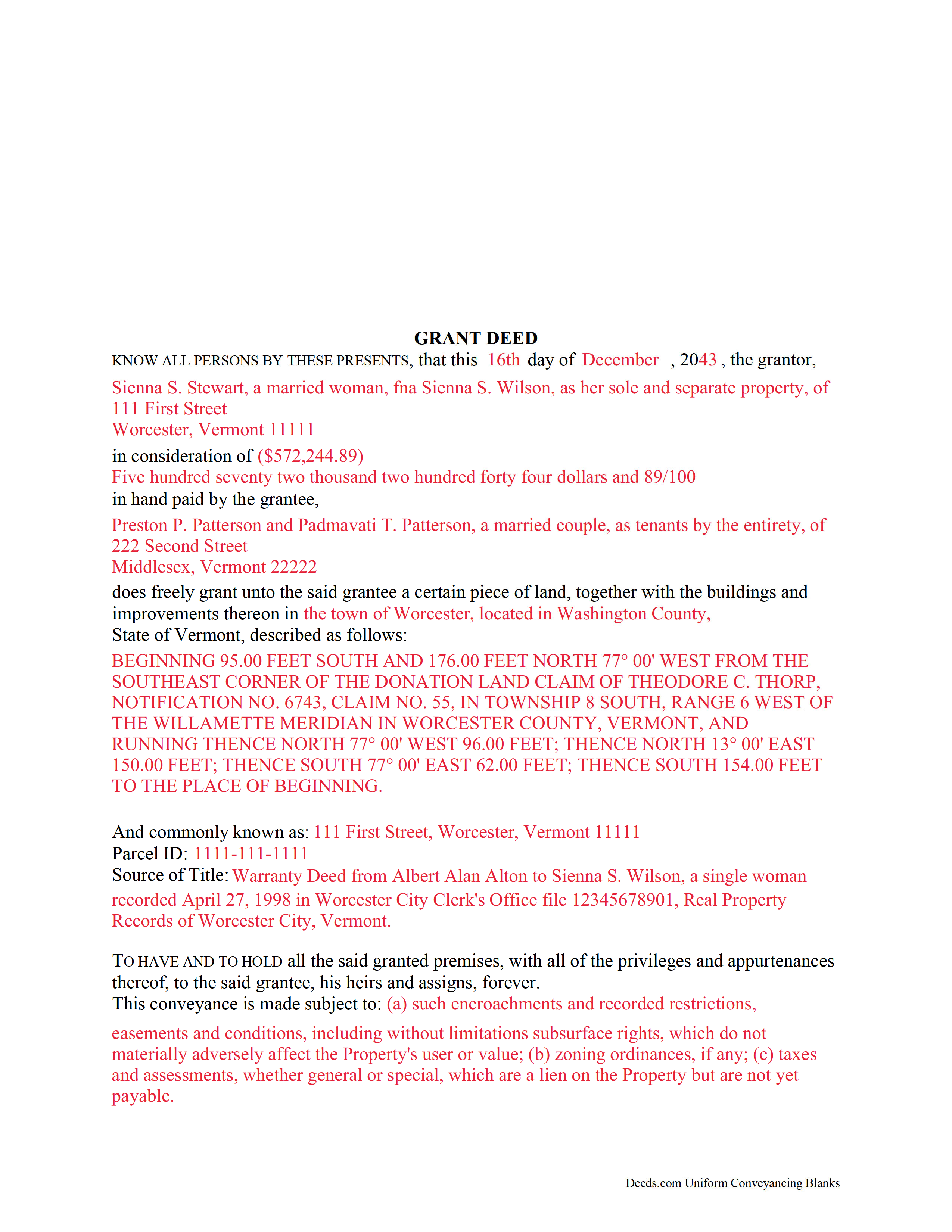 Washington County Completed Example of the Grant Deed Document