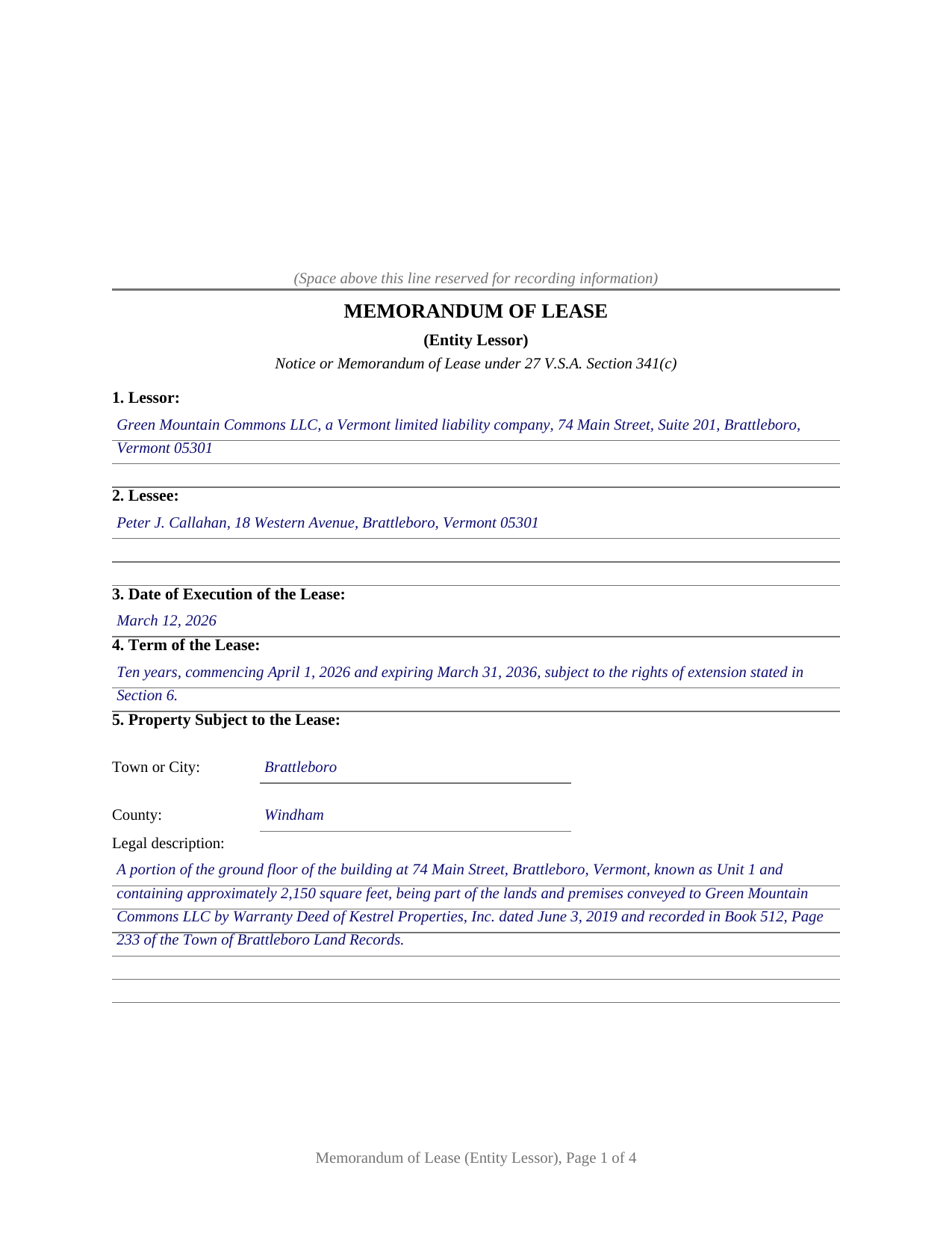 Essex County Completed Example of the Memorandum of Lease (Entity Lessor) Document
