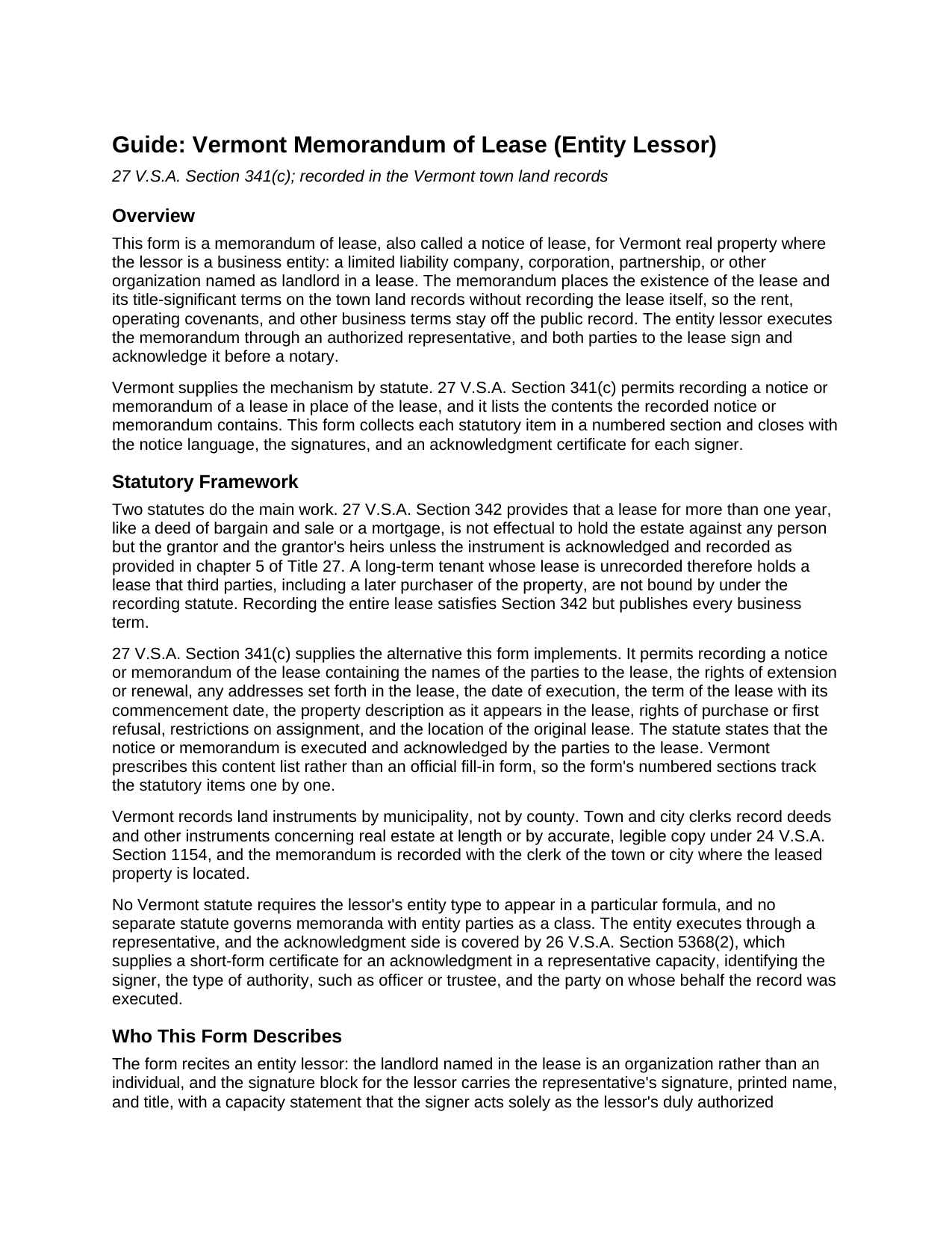Essex County Memorandum of Lease (Entity Lessor) Guide
