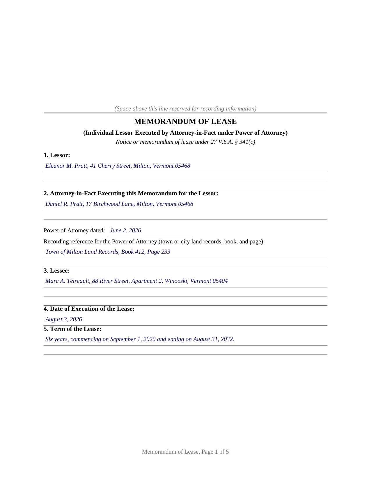 Essex County Completed Example of the Memorandum of Lease (Individual Lessor by Attorney-in-Fact) Document
