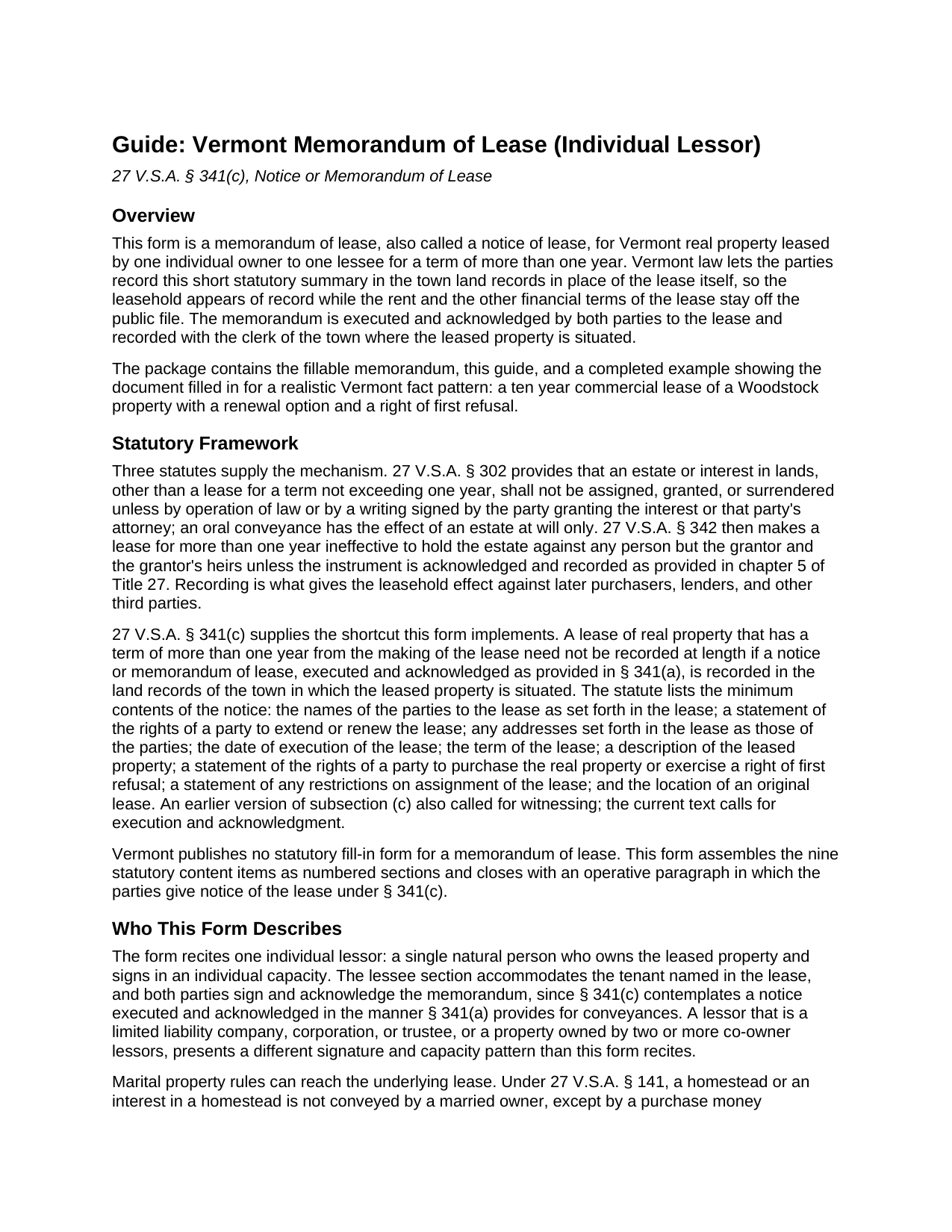 Essex County Memorandum of Lease (Individual Lessor) Guide