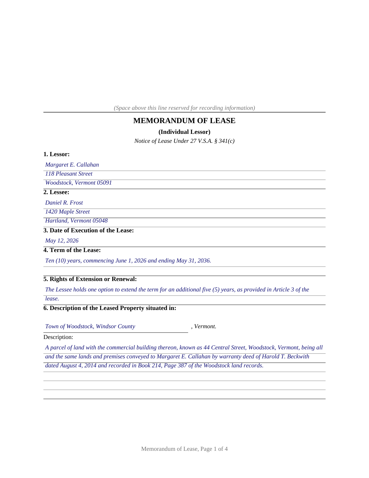 Essex County Completed Example of the Memorandum of Lease (Individual Lessor) Document