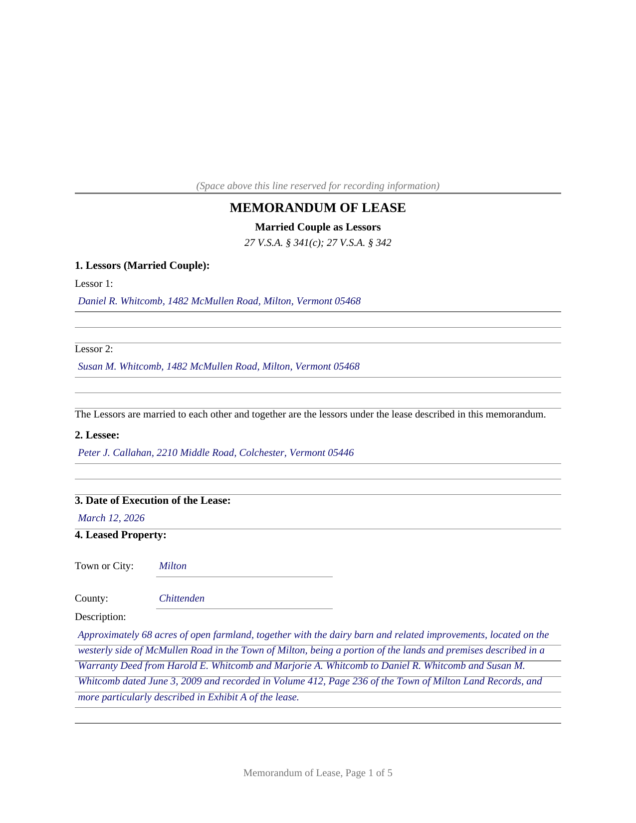 Essex County Completed Example of the Memorandum of Lease (Married Couple as Lessors) Document