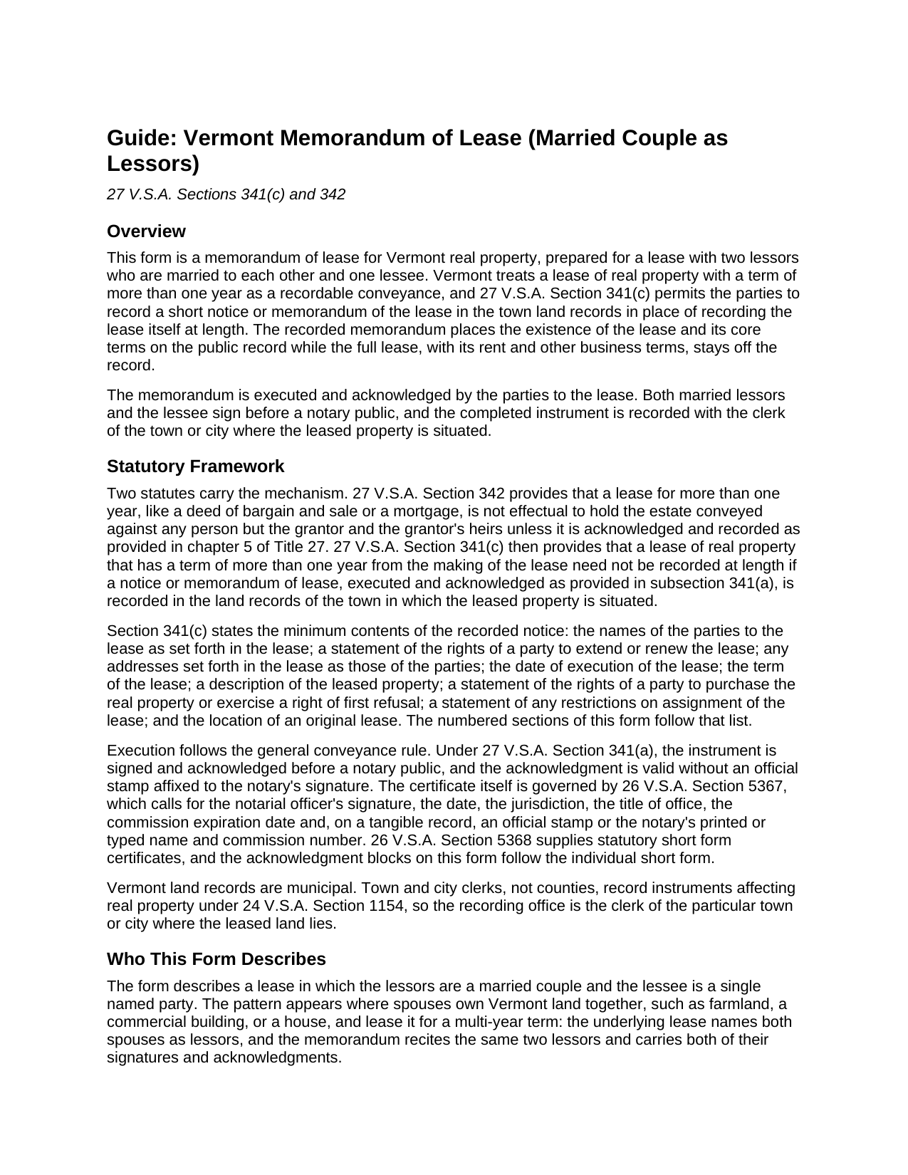 Essex County Memorandum of Lease (Married Couple as Lessors) Guide