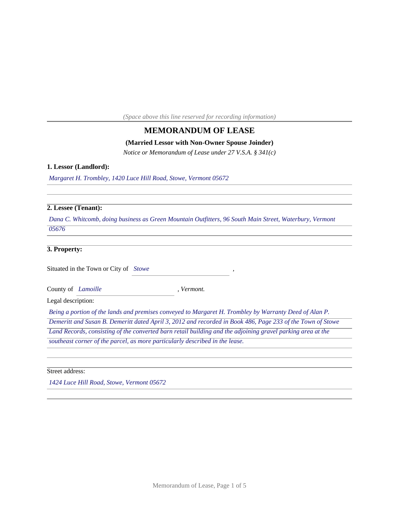 Essex County Completed Example of the Memorandum of Lease (Married Lessor with Non-Owner Spouse Joinder) Document