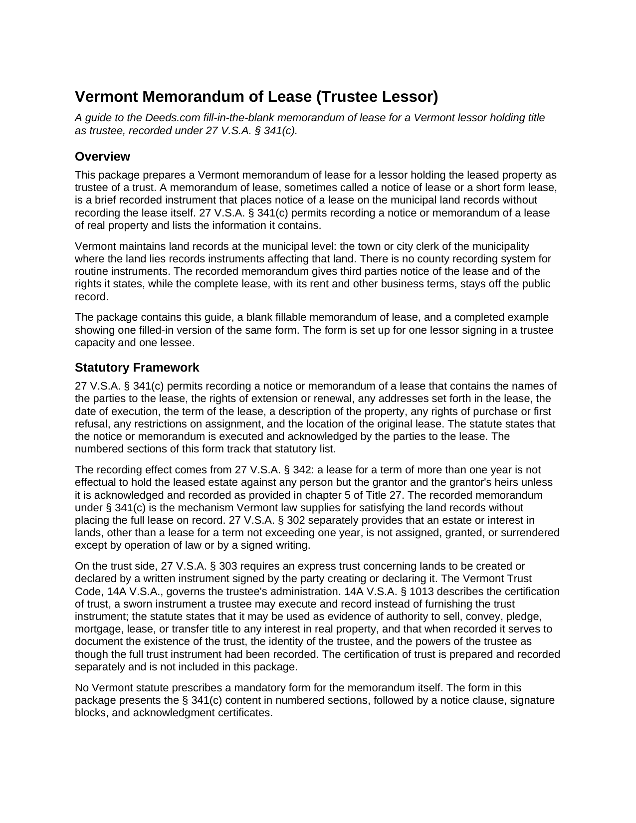 Essex County Memorandum of Lease (Trustee Lessor) Guide