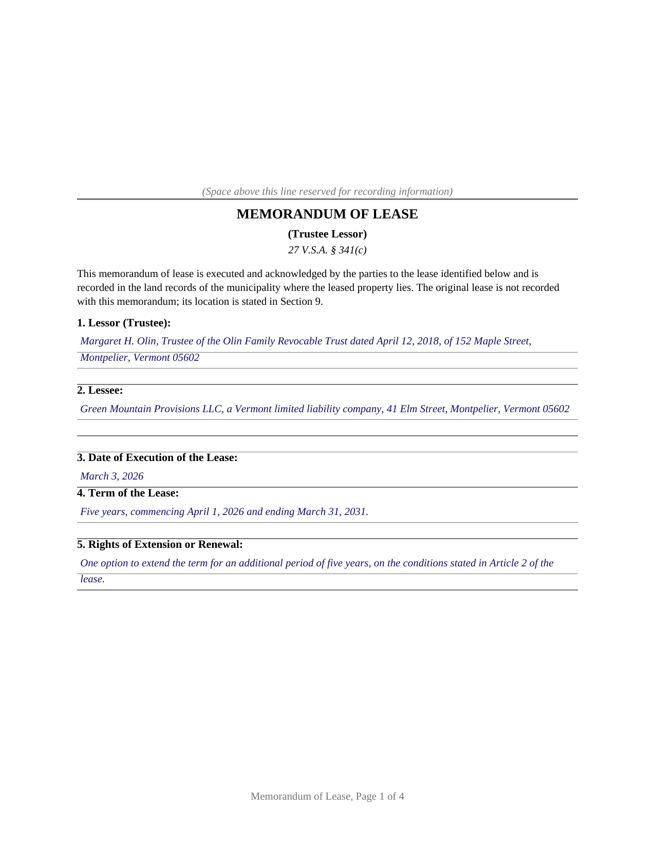 Essex County Completed Example of the Memorandum of Lease (Trustee Lessor) Document