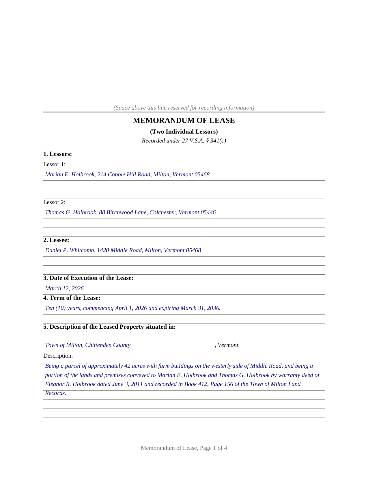 Essex County Completed Example of the Memorandum of Lease (Two Individual Lessors) Document