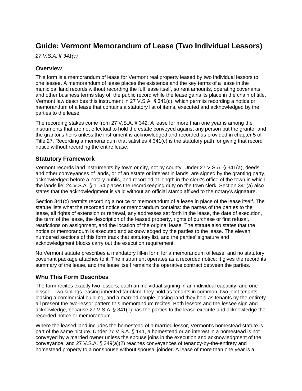 Essex County Memorandum of Lease (Two Individual Lessors) Guide