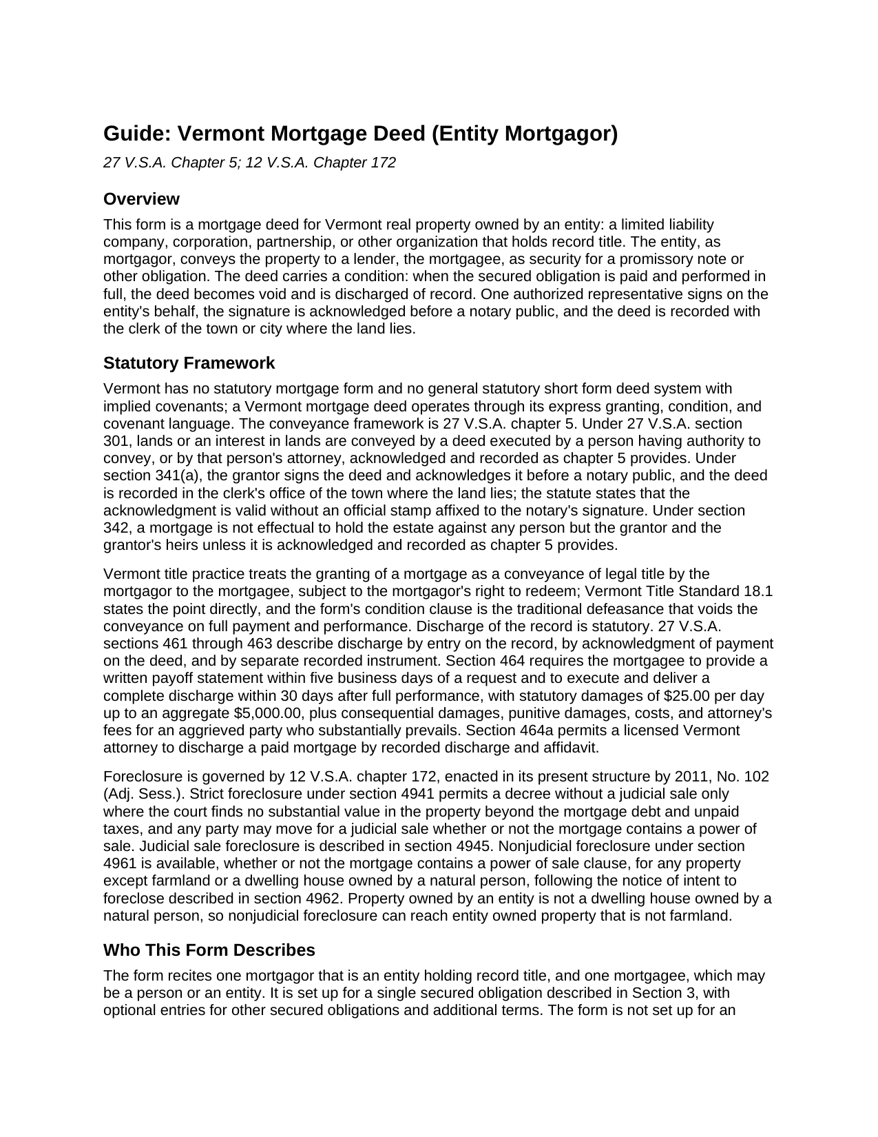 Lamoille County Mortgage Deed (Entity) Guide