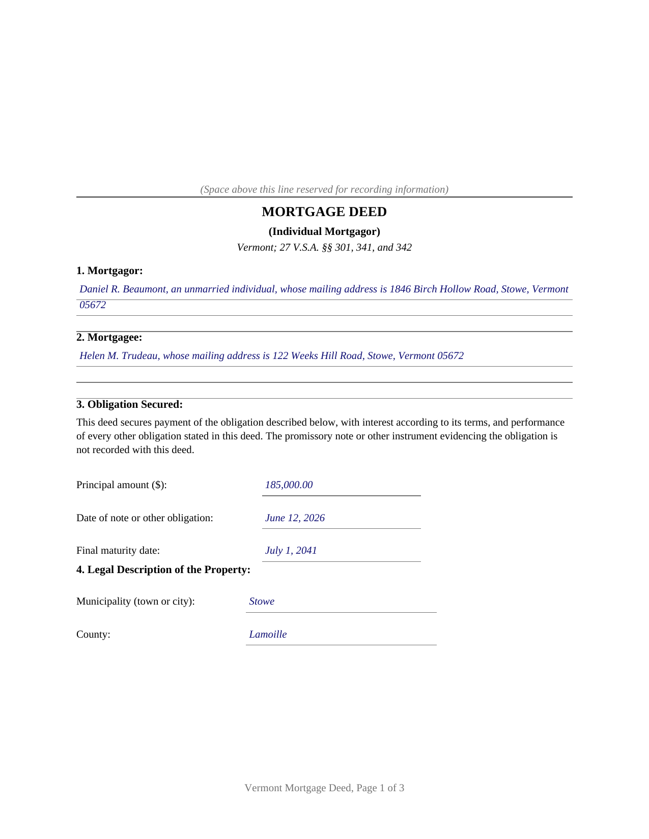 Windham County Completed Example of the Mortgage Deed (Individual) Document