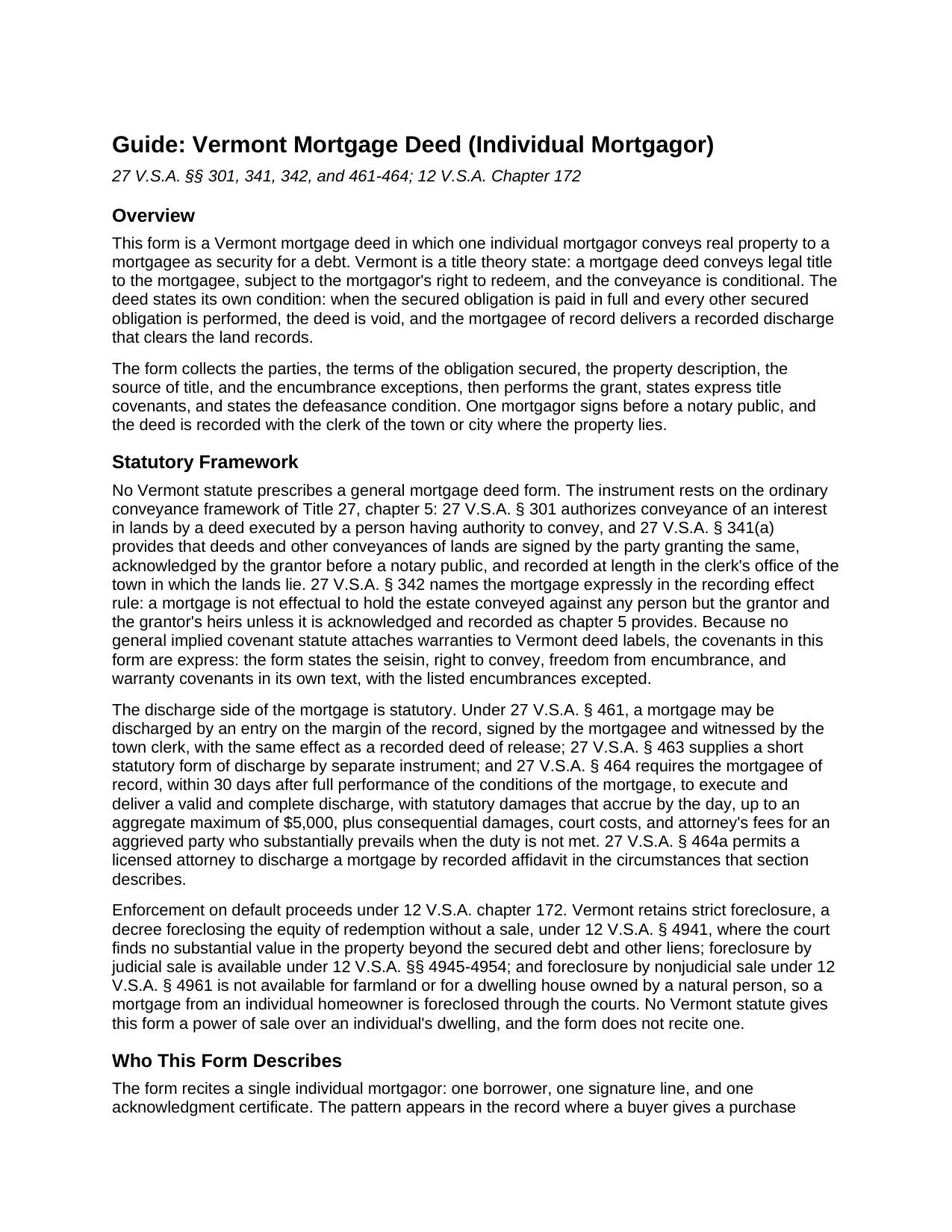 Windham County Mortgage Deed (Individual) Guide