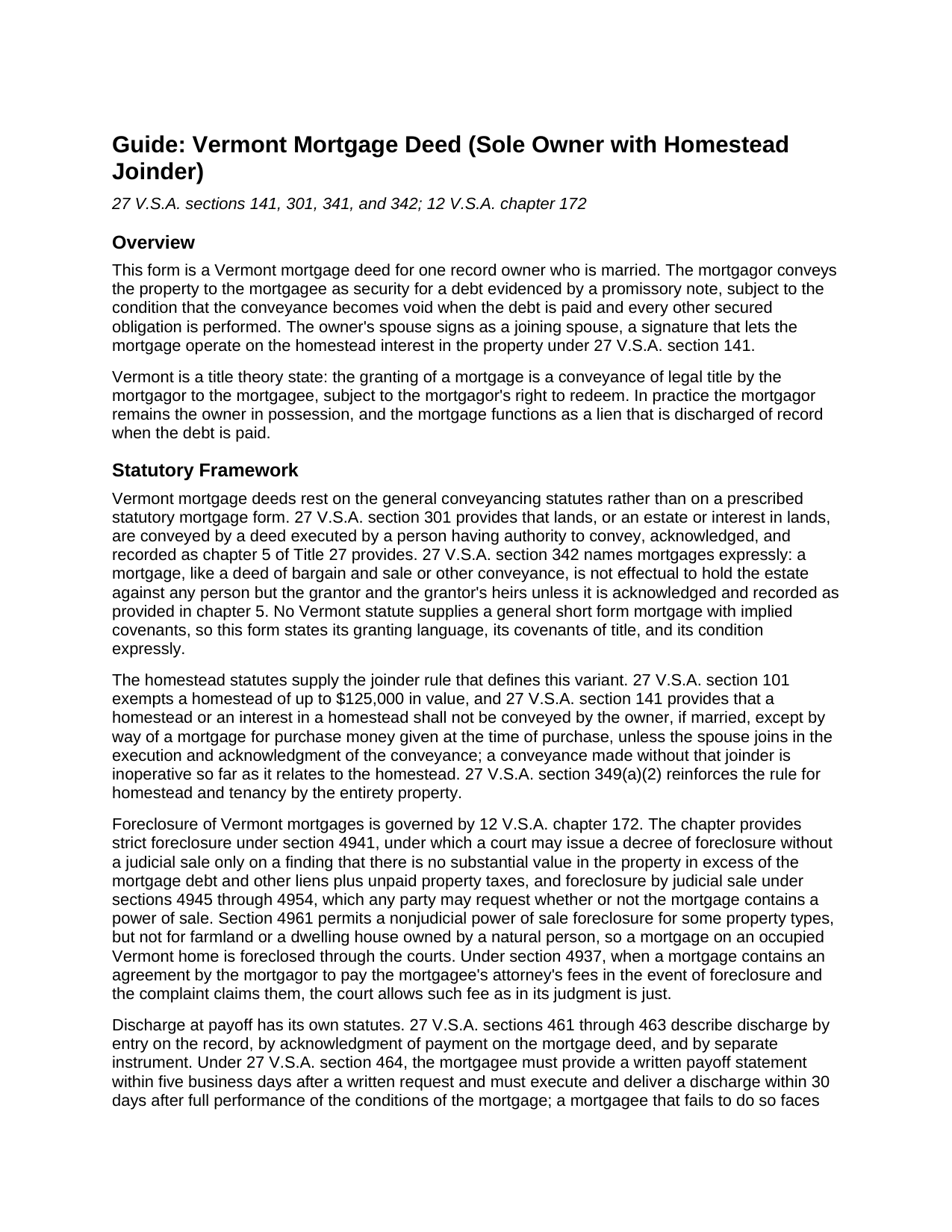Bennington County Mortgage Deed (Sole Owner with Homestead Joinder) Guide