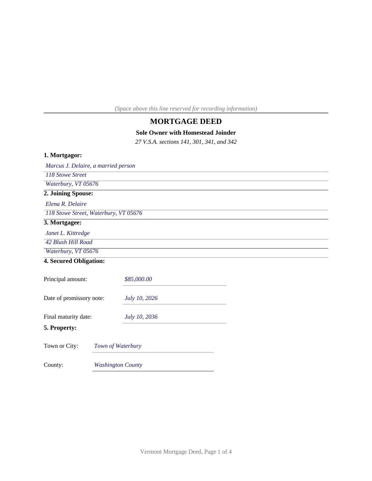Bennington County Completed Example of the Mortgage Deed (Sole Owner with Homestead Joinder) Document