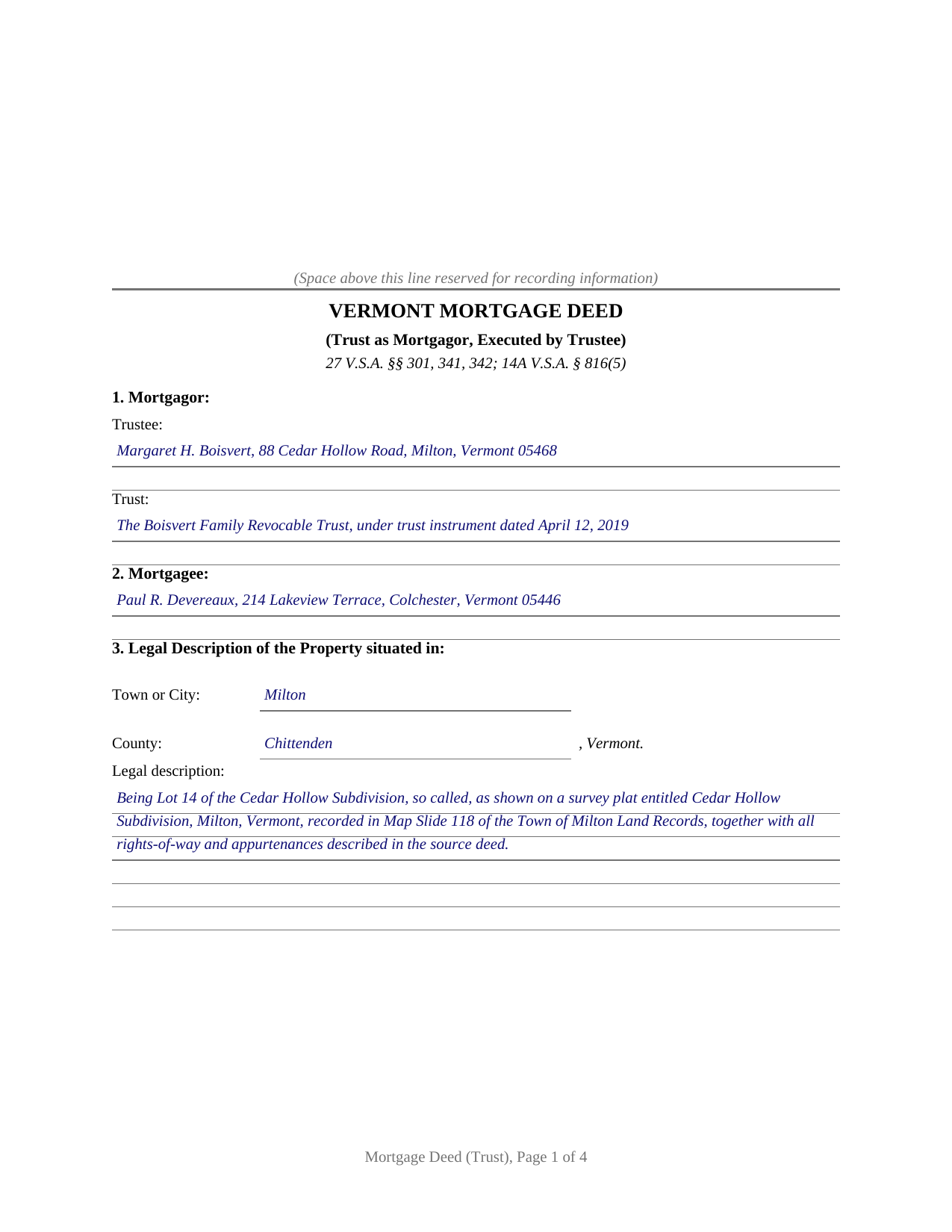 Windham County Completed Example of the Mortgage Deed (Trust) Document