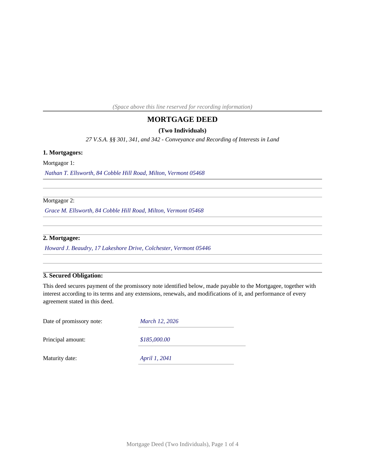 Windham County Completed Example of the Mortgage Deed (Two Individuals) Document