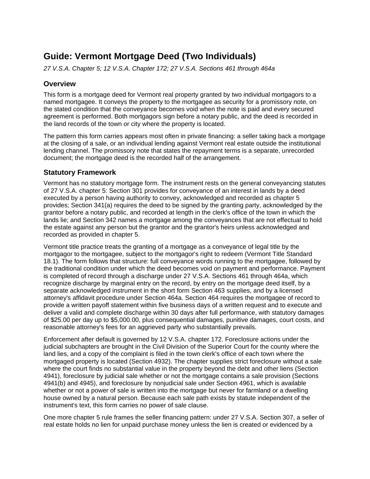 Windham County Mortgage Deed (Two Individuals) Guide