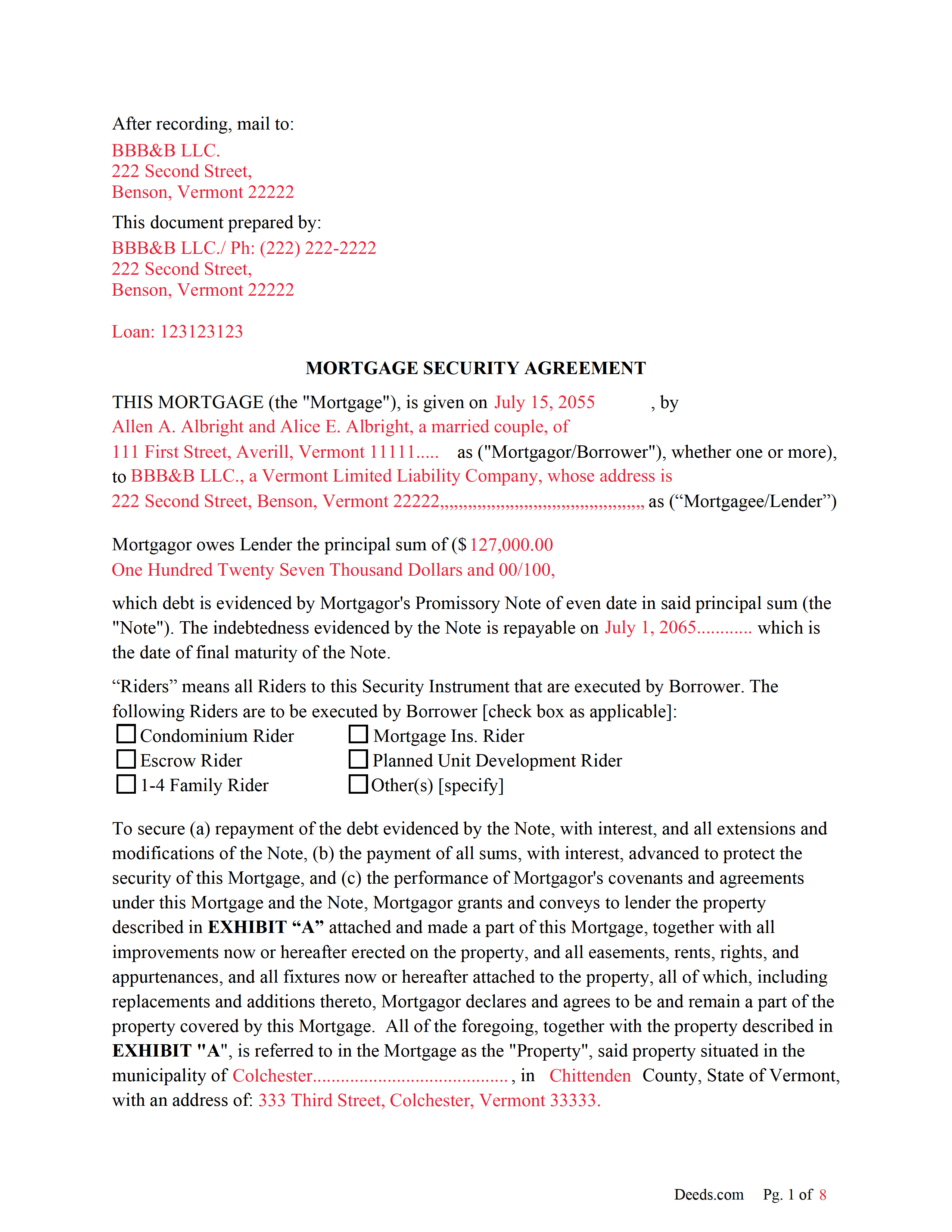 Addison County Completed Example of the Mortgage Document