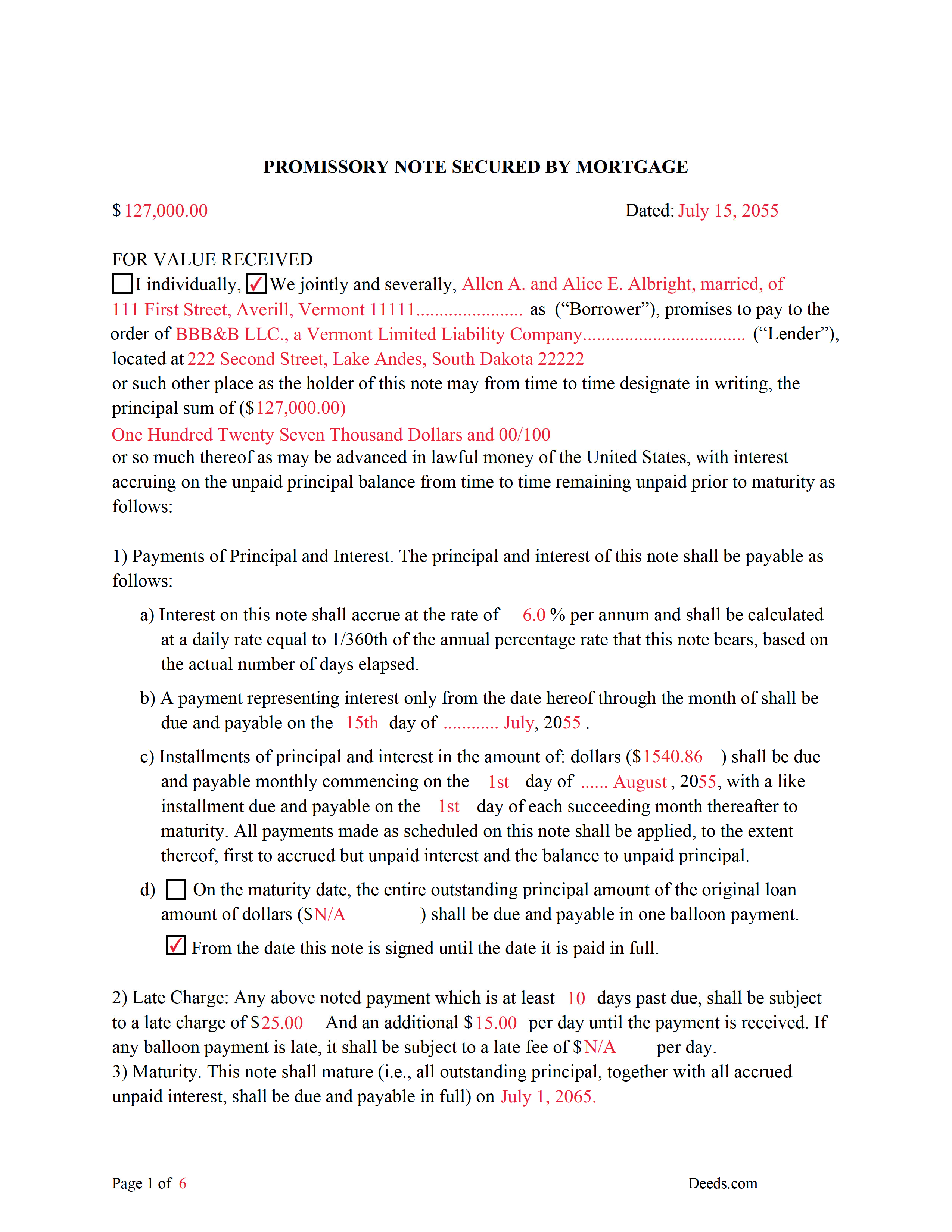 Addison County Completed Example of the Promissory Note Document