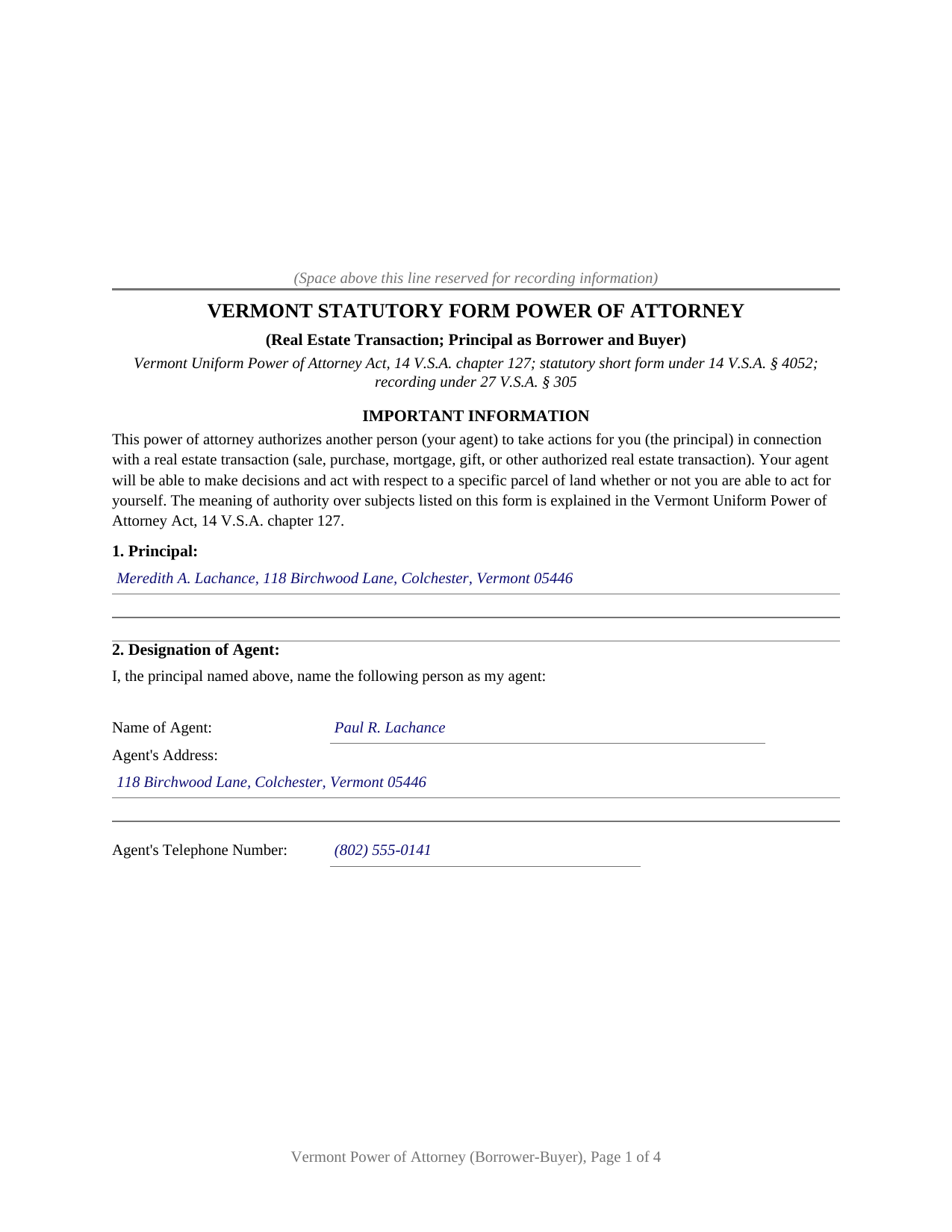 Essex County Completed Example of the Power of Attorney (Borrower-Buyer) Document