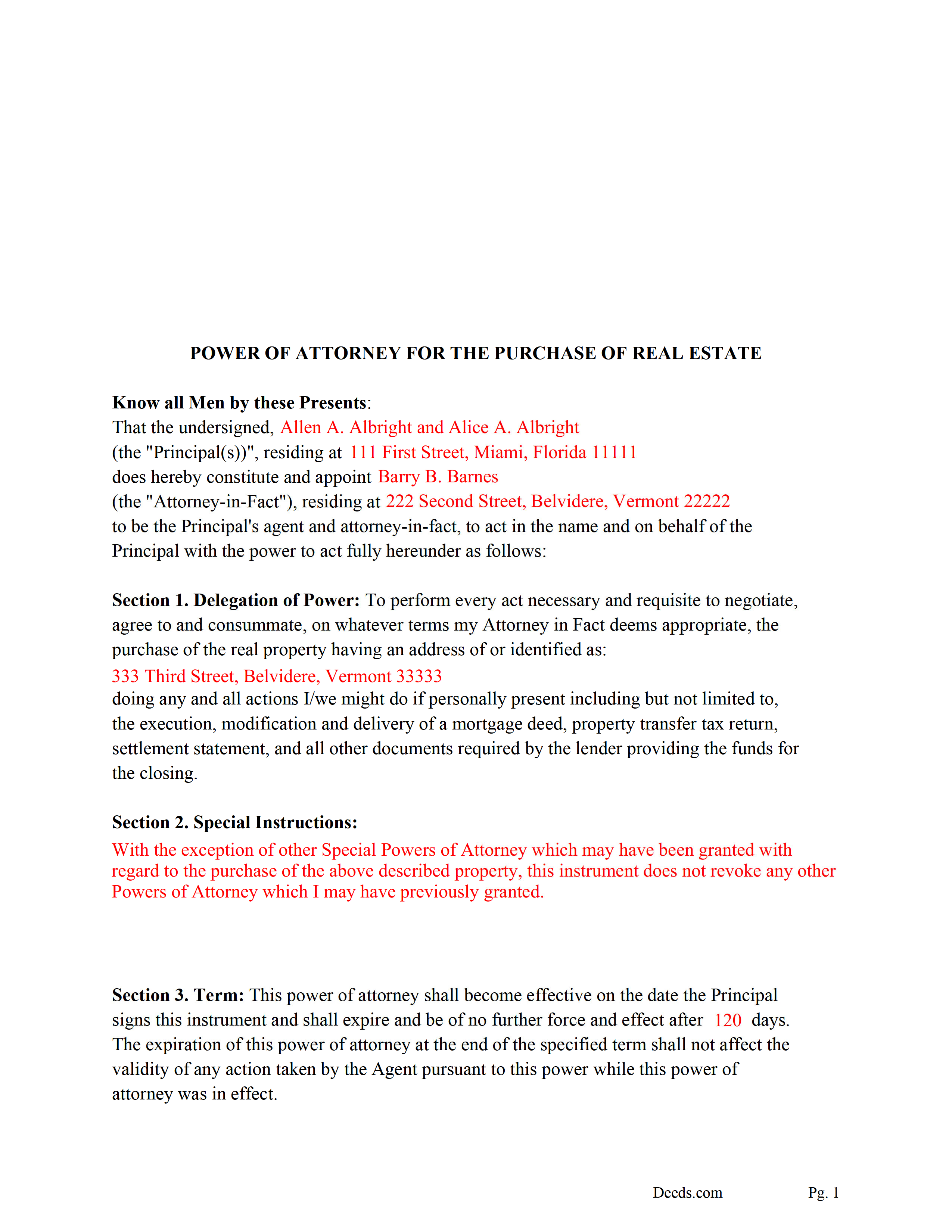 Addison County Completed Example of the Power of Attorney