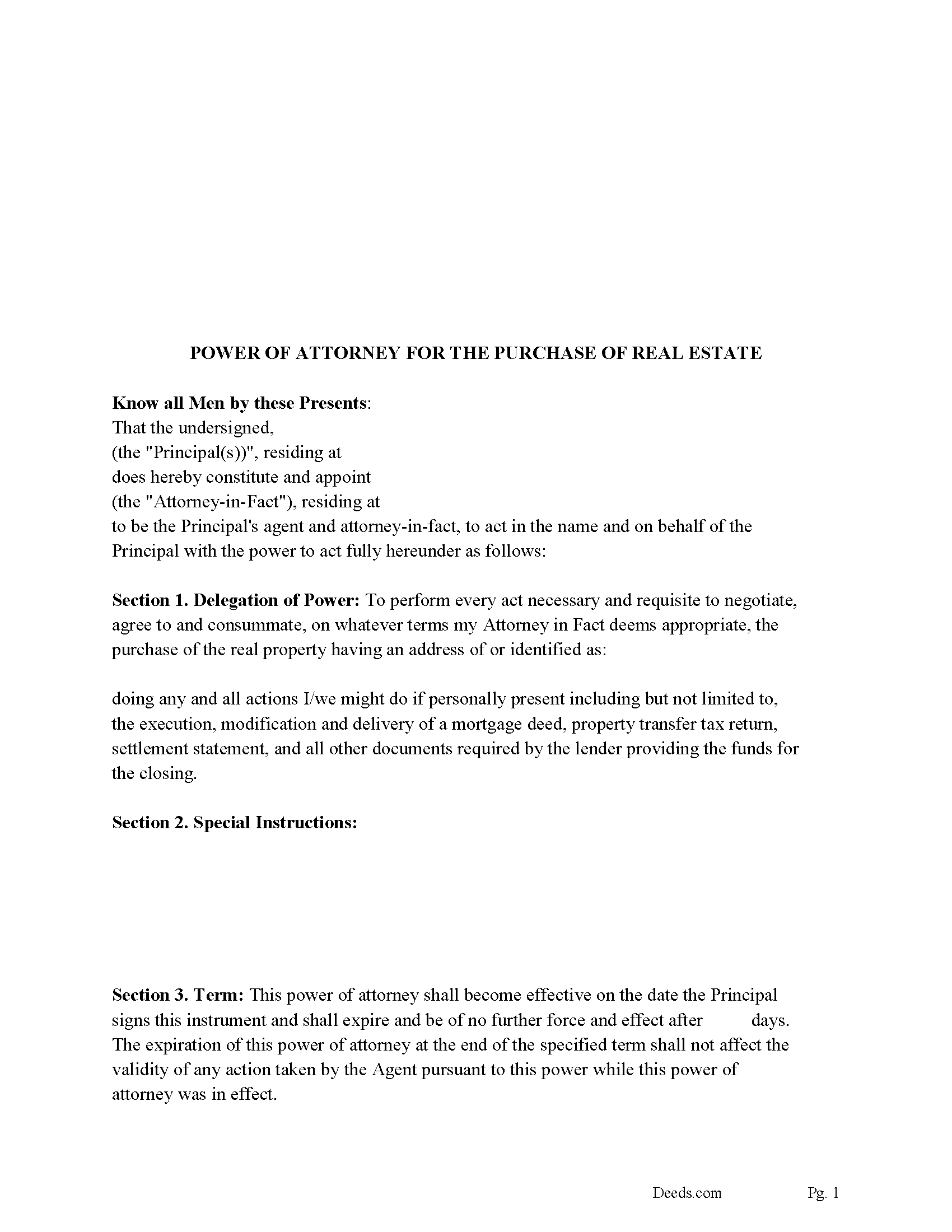 Addison County Power of Attorney for the Purchase of Real Estate Form