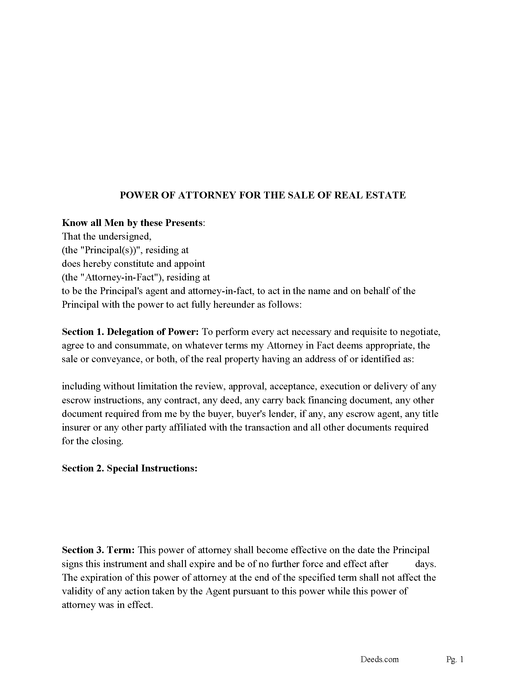 Addison County Power of Attorney for the Sale of Real Estate Form