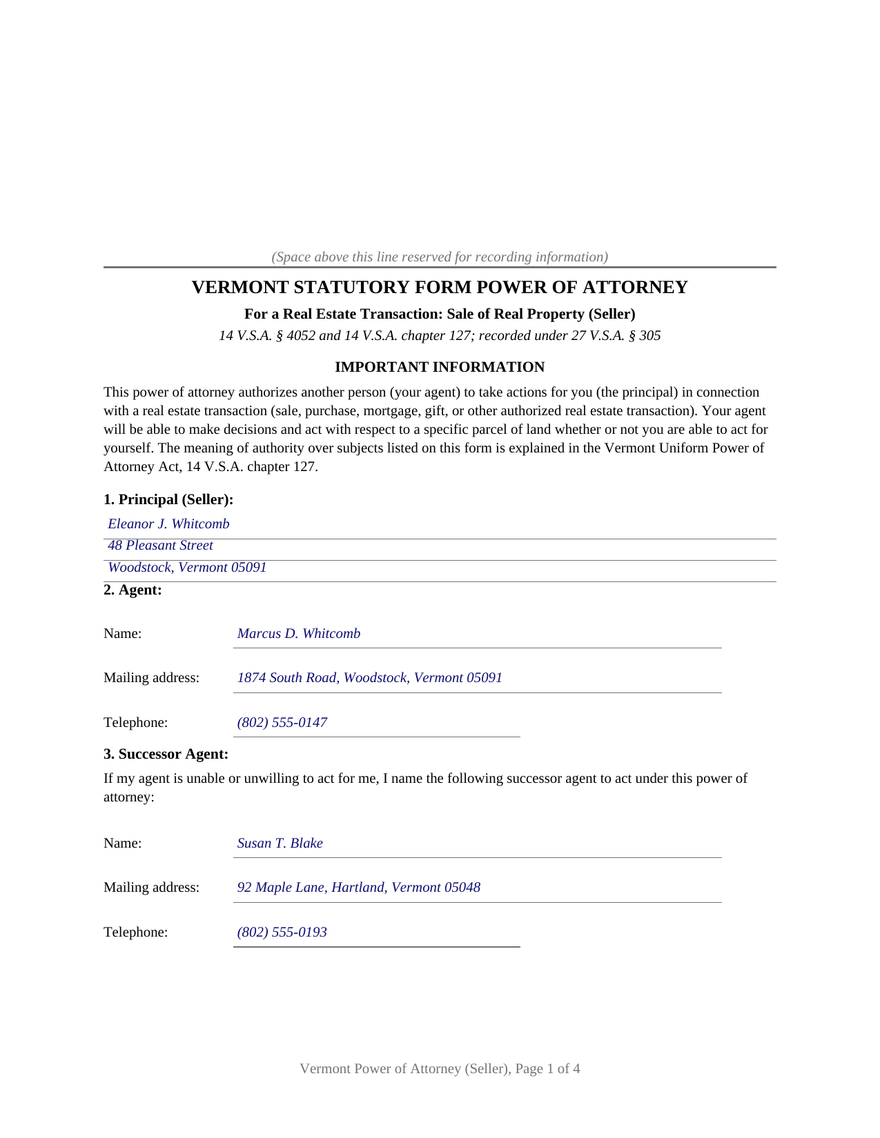 Essex County Completed Example of the Power of Attorney (Seller) Document