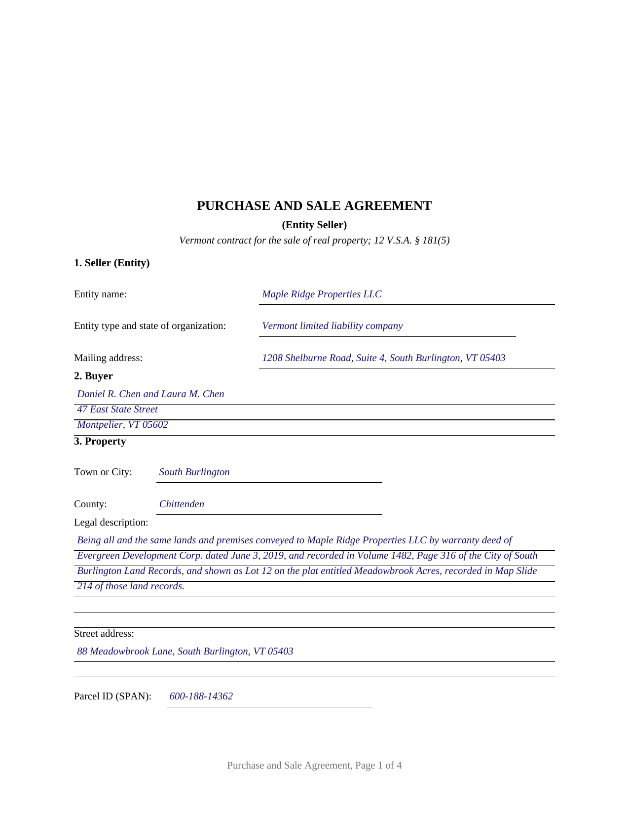 Essex County Completed Example of the Purchase and Sale Agreement (Entity Seller) Document