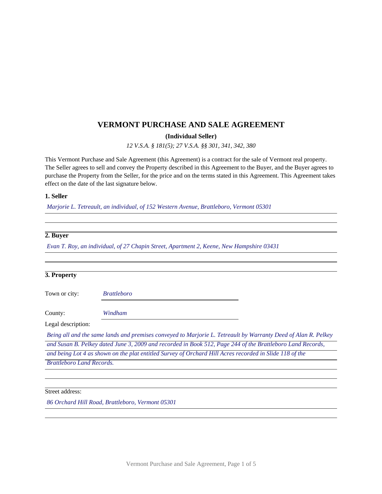 Essex County Completed Example of the Purchase and Sale Agreement (Individual Seller) Document