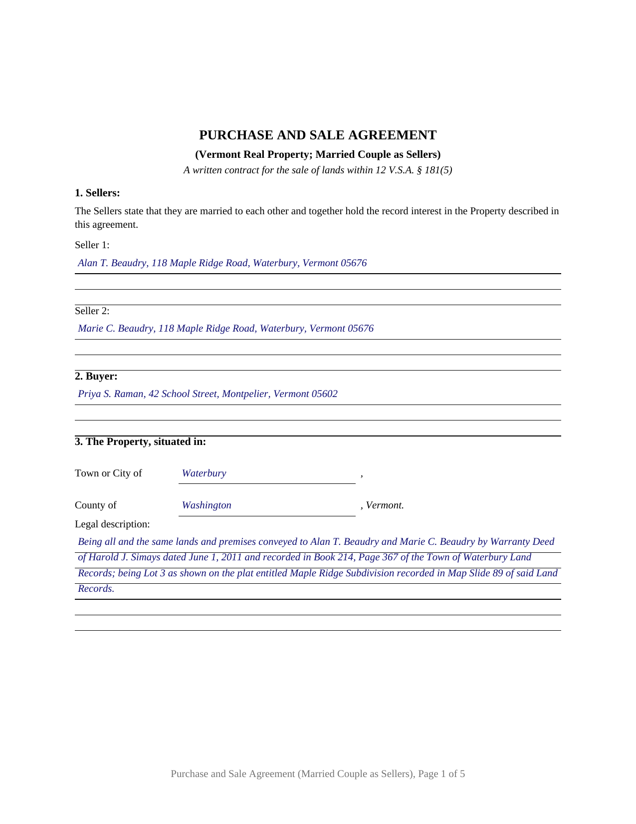 Essex County Completed Example of the Purchase and Sale Agreement (Married Couple as Sellers) Document