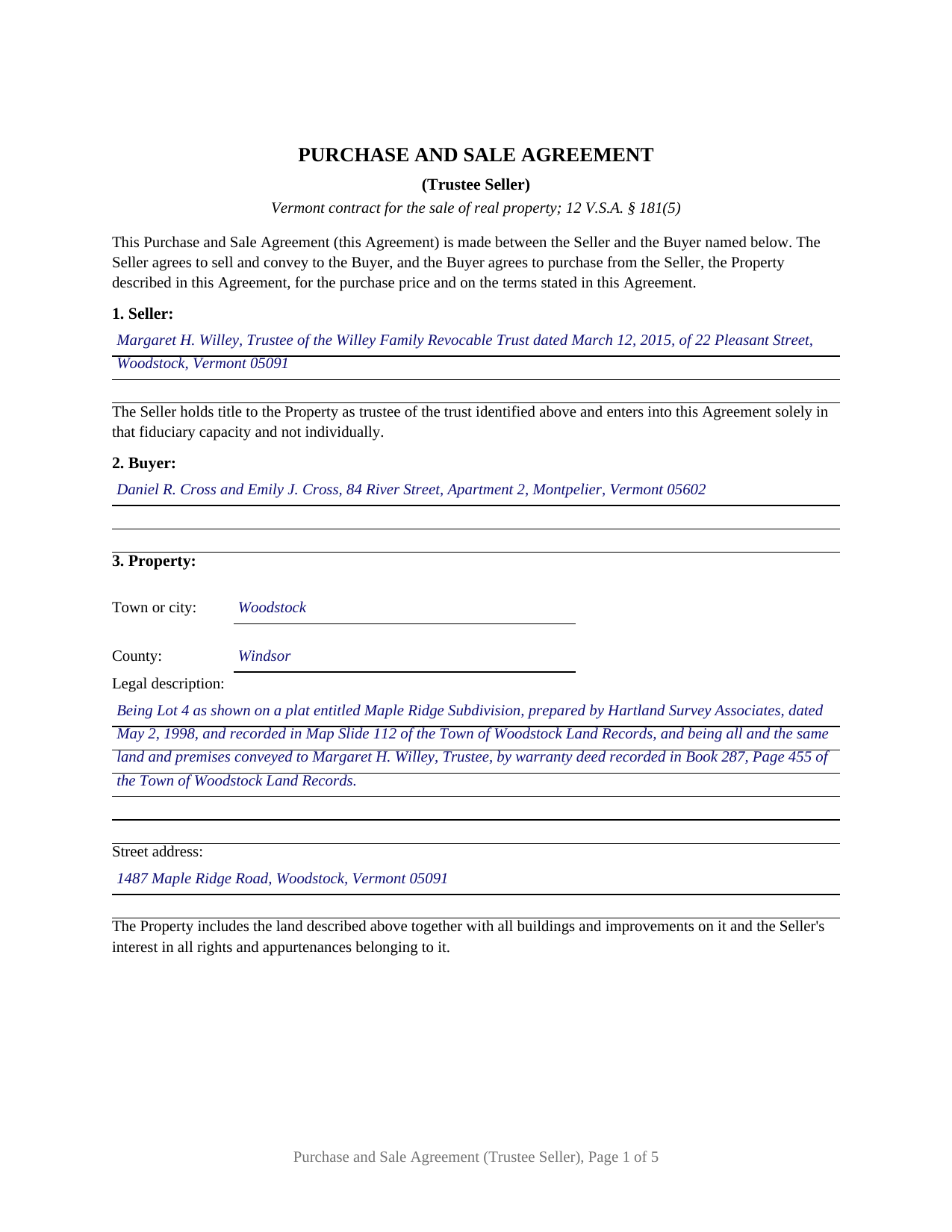 Essex County Completed Example of the Purchase and Sale Agreement (Trustee Seller) Document