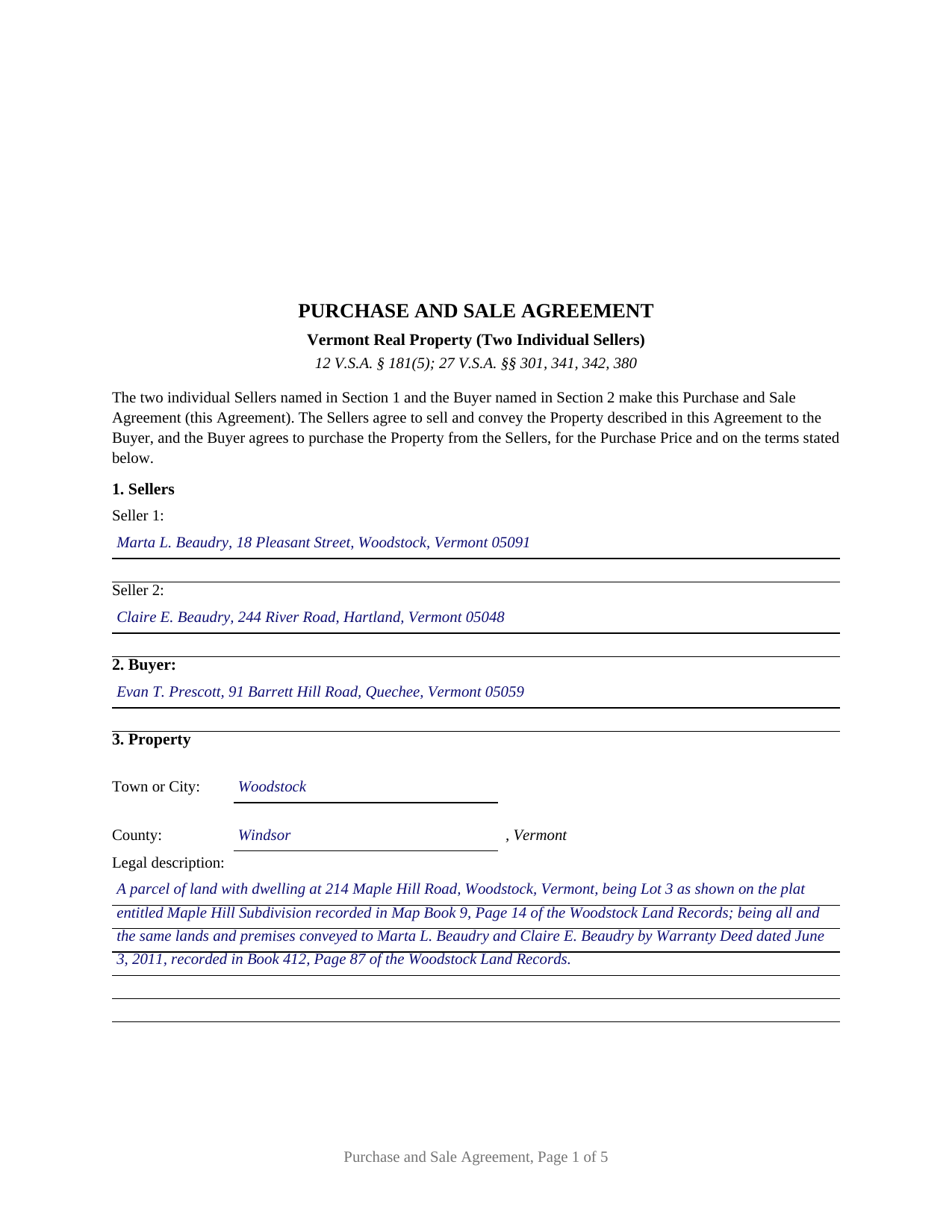 Essex County Completed Example of the Purchase and Sale Agreement (Two Individual Sellers) Document