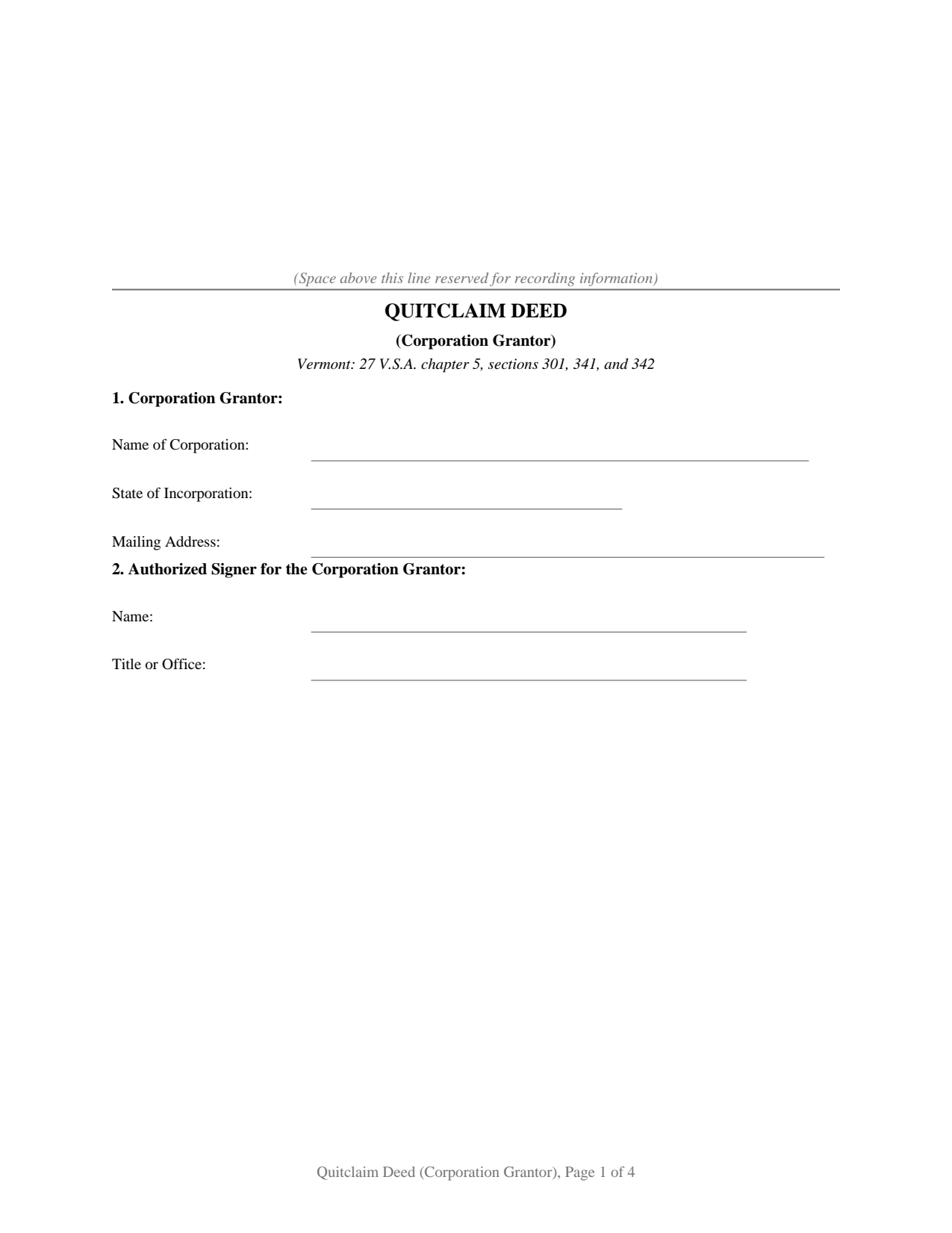 Essex County Quitclaim Deed (Corporation Grantor) Form