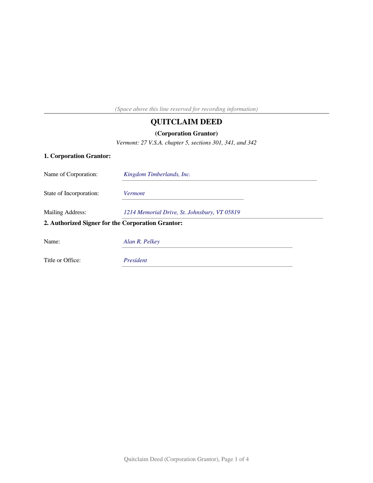 Essex County Completed Example of the Quitclaim Deed (Corporation Grantor) Document