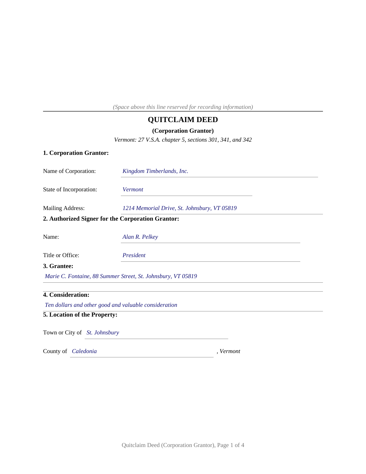 Washington County Completed Example of the Quitclaim Deed (Corporation Grantor) Document