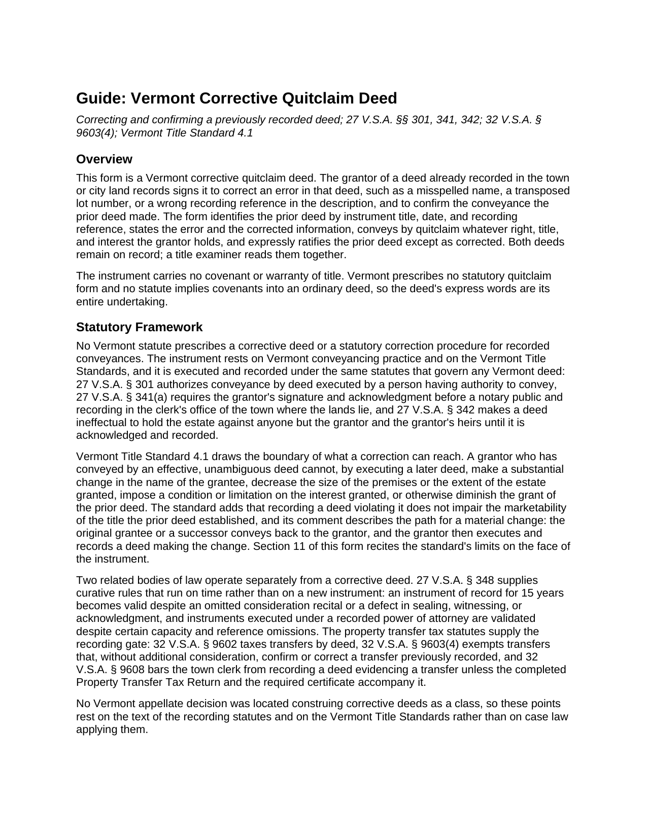 Caledonia County Quitclaim Deed (Corrective) Guide
