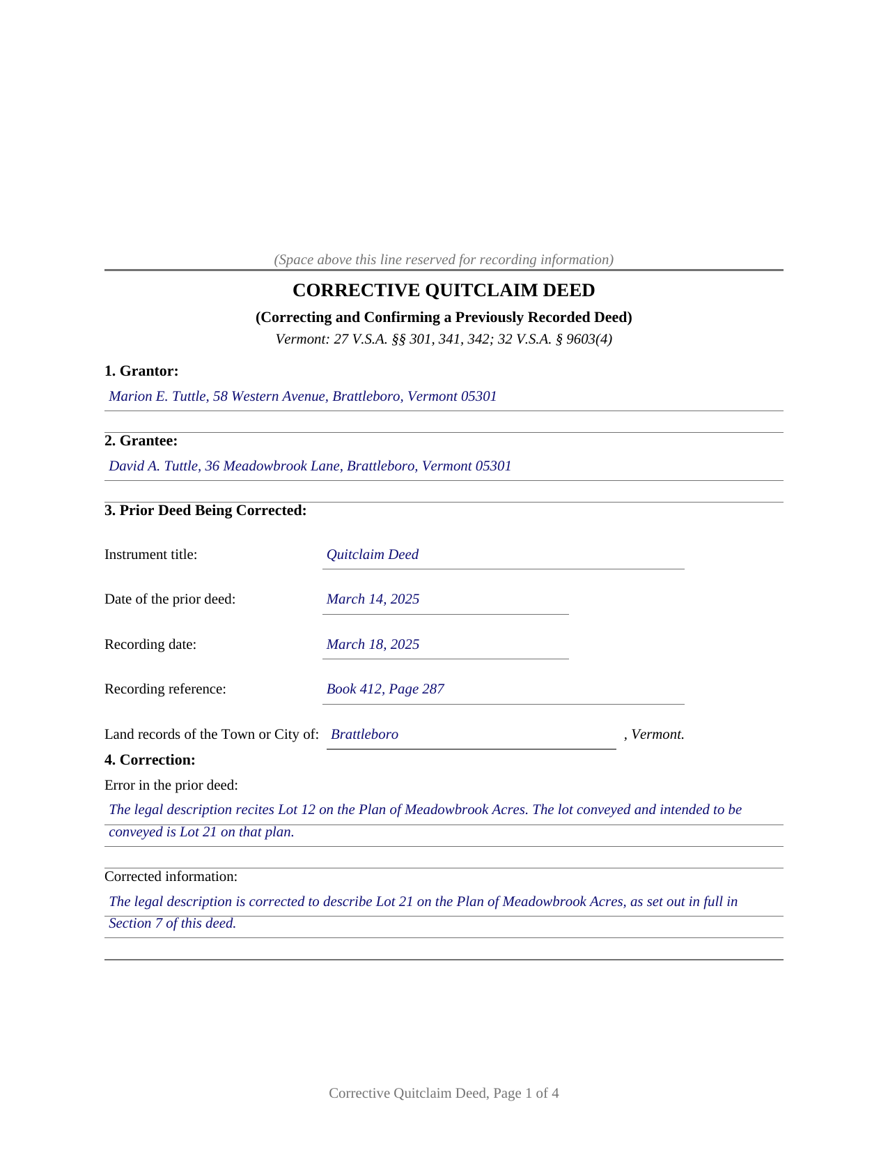 Caledonia County Completed Example of the Quitclaim Deed (Corrective) Document