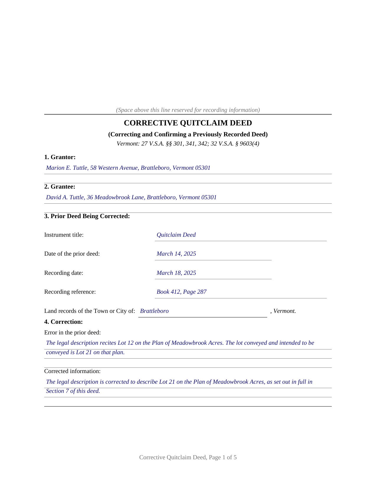 Bennington County Completed Example of the Quitclaim Deed (Corrective) Document