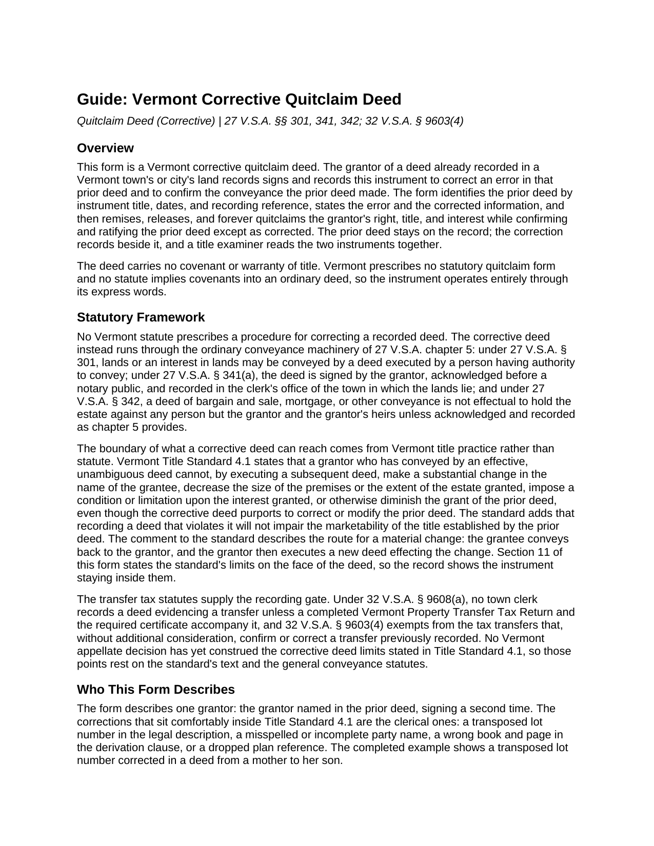 Bennington County Quitclaim Deed (Corrective) Guide