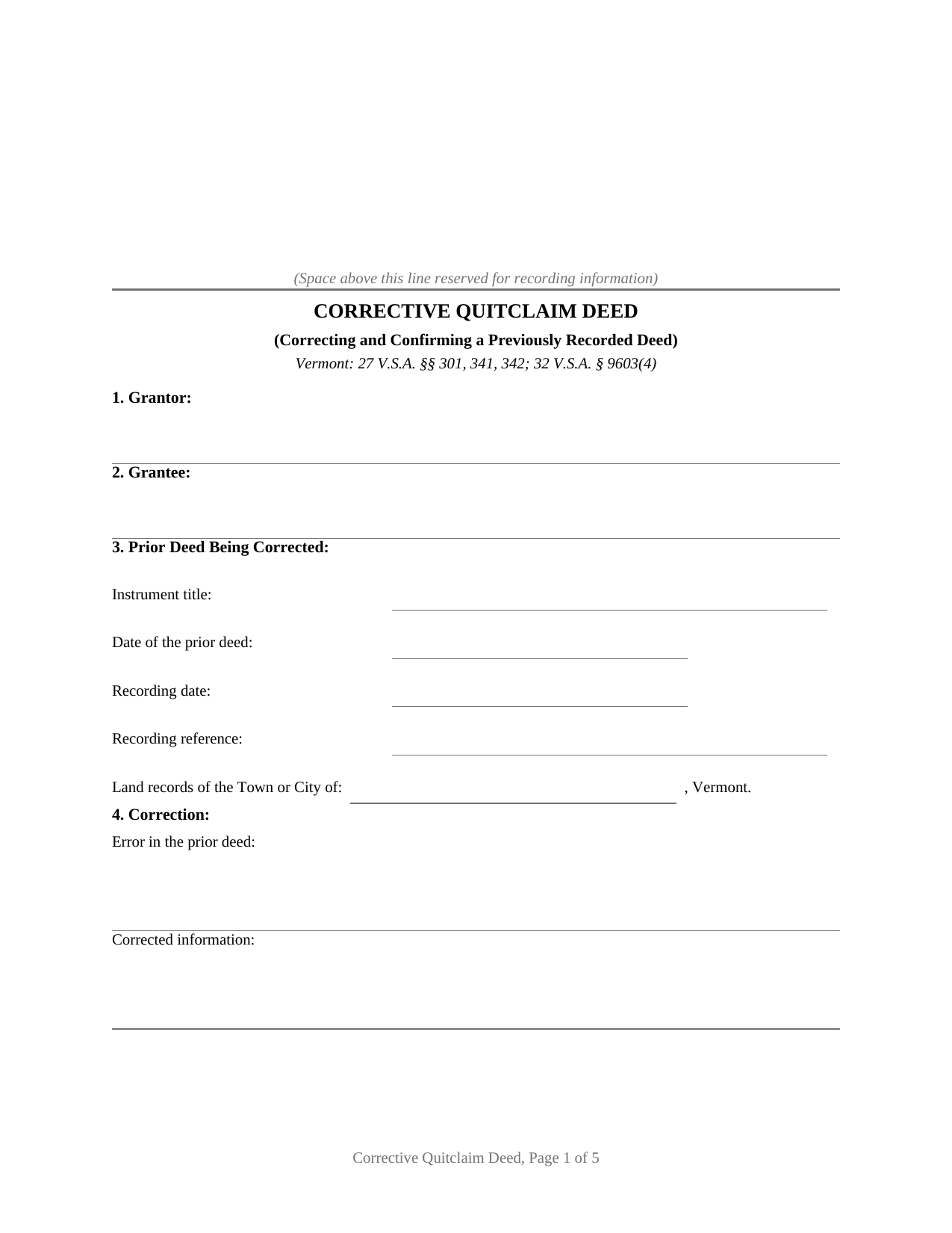 Bennington County Quitclaim Deed (Corrective) Form