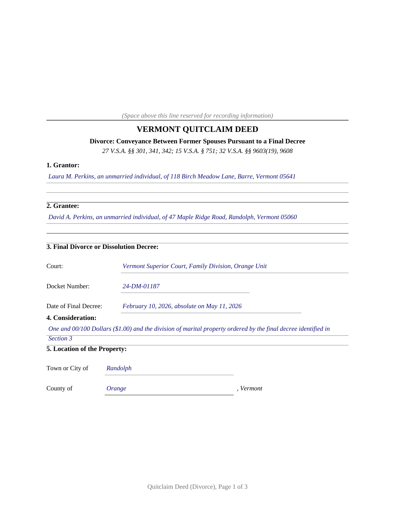 Orange County Completed Example of the Quitclaim Deed (Divorce) Document
