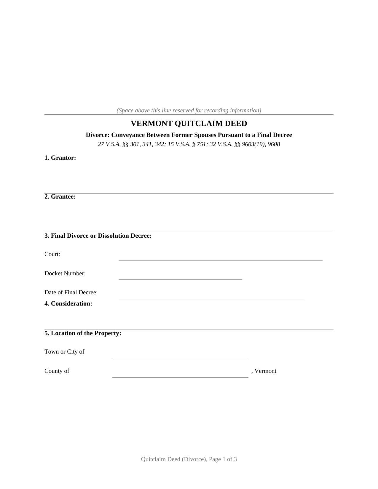 Orange County Quitclaim Deed (Divorce) Form